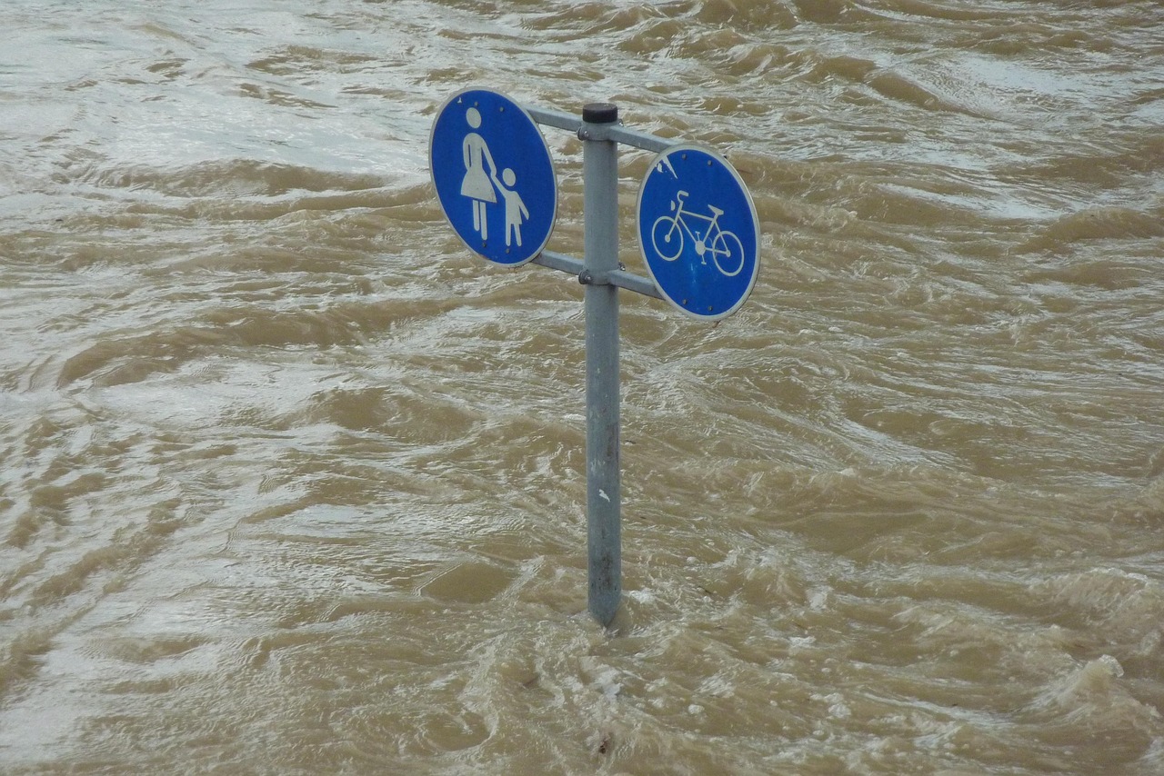 flood, sign, downfall, water, flooding, flooded, environment, catastrophe, pedestrian, cyclist, danube, natural disaster, environmental protection, storm, danube bank, nature, riverbank, force of nature, climate protection, water level, flow, riverside, flood of the century, civil protection, climate change, flood disaster, earth day